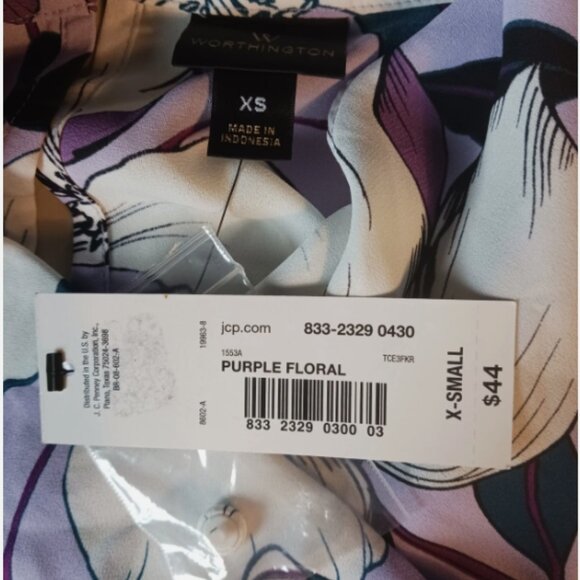 Worthington Blouse Womens X Small Purple Floral Long Sleeve Cowl Artsy Shirt Top - Picture 16 of 16